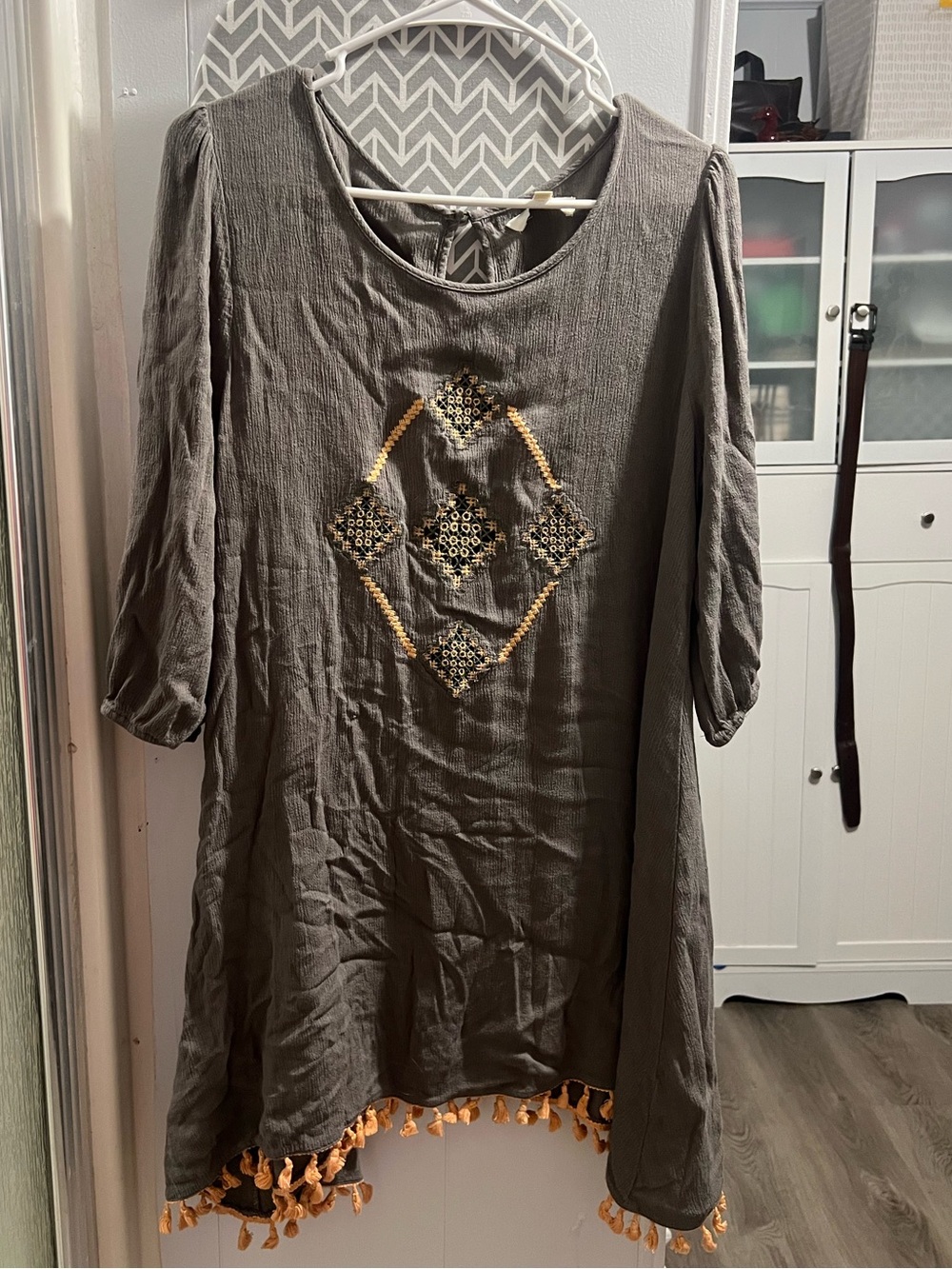Umgee Olive Green Tunic with Mustard Embroidery and Tassels
